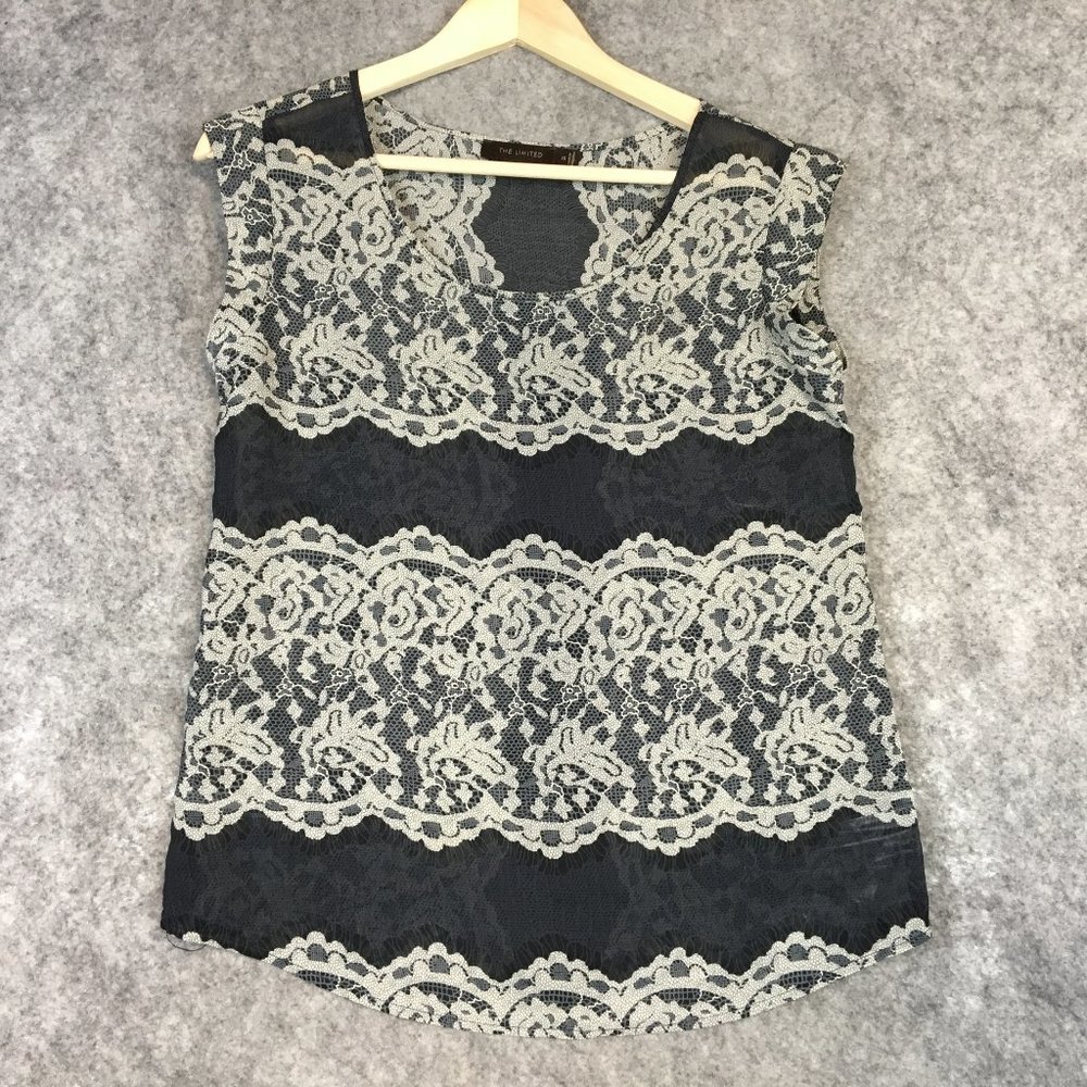 The Limited Top XS Blouse Career Lace Print Semi Sheer Sleeveless Scoop Neck
